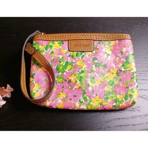 Nine West Pink/yellow Floral Wristlet Pouch With Brown‎ Strap Women's #1547
